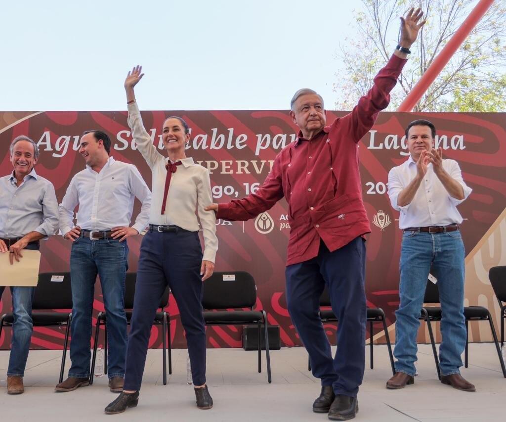 Sheinbaum acompaña a AMLO en supervisión de obra en la comarca Lagunera. Llevar agua potable a todo el país como un derecho humano, fue el compromiso de